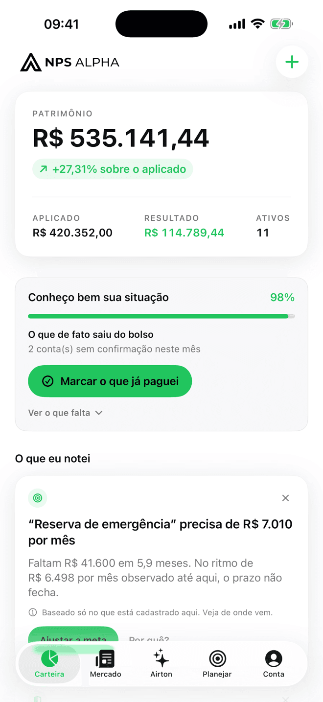 Tela Carteira do app NPS Alpha para iPhone, com o patrimônio consolidado